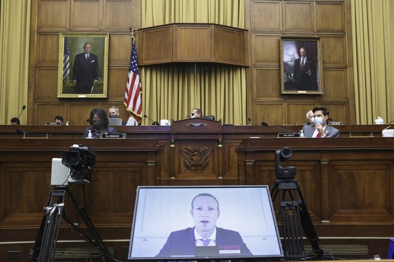 Facebook CEO Mark Zuckerberg speaks via video conference during a House Judiciary subcommittee hearing on antitrust on Capitol Hill on Wednesday, 29 July 2020, in Washington. (Graeme Jennings/Pool via AP)