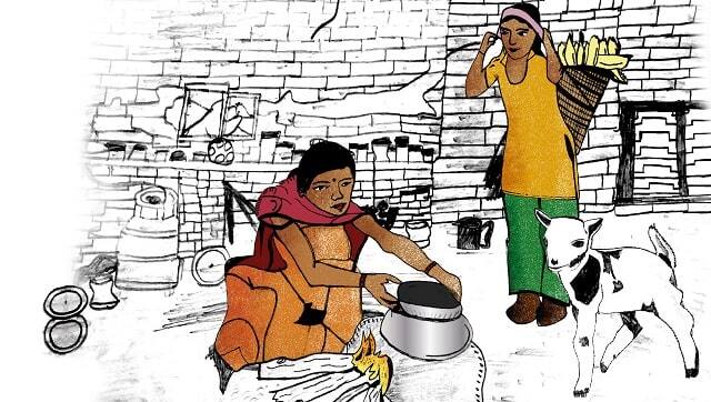 Background by Mandipa Saru; mother, daughter and goat by Ashma Dahal; colour by Sophie Maliphant
