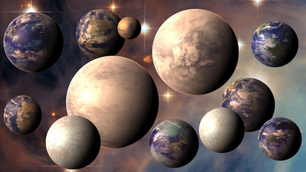 Artist's rendering of potentially habitable exoplanets, plus Earth (top right) and Mars (top center). Image credit: PHL@UPR Arecibo (phl.upr.edu), ESA/Hubble, NASA.