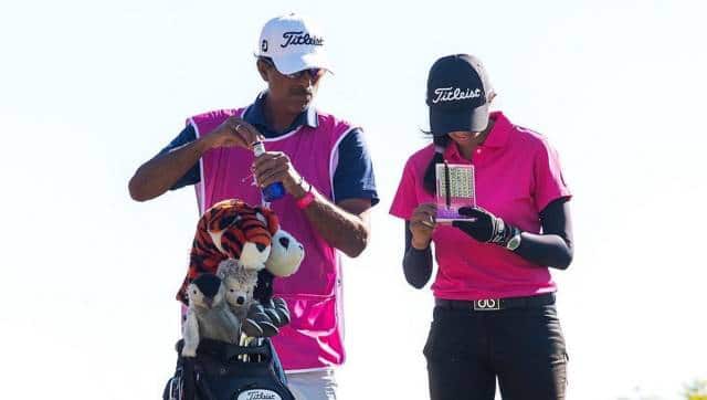 Aditi Ashok with caddy at Spanish Open. Image:Instagram/Aditi Ashok