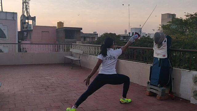 A mask mounted on her kitbag which has been elevated using a few bricks was Bhavani Devi’s ‘opponent’ as she trained at her home in Chennai during the coronavirus-imposed lockdown. Image courtesy: Bhavani Devi