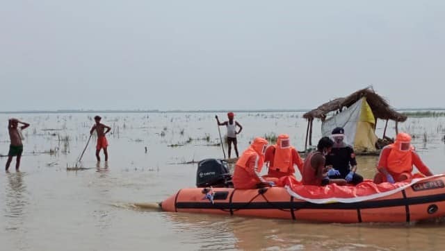 NDRF team on recce of flood-affected areas in Bahraich district of Uttar Pradesh. Twitter@11Ndrf