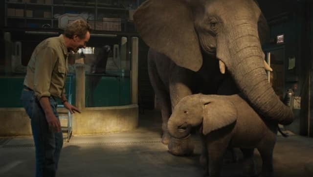 Bryan Cranston as Mack, Brooklynn Prince as Ruby, and Angelina Jolie as Stella in a still from The One and Only Ivan