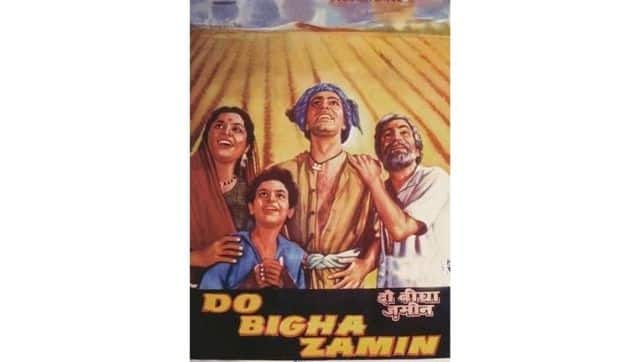 Poster of Do Bigha Zamin (1953) by Bimal Roy, who upheld an alternative production culture centred on literary, realist screenplays in the Hindi film industry