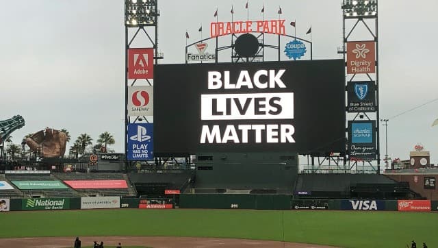 Scoreboard at Oracle Park reads Black Lives Matter at scheduled game time after a baseball game between Los Angeles Dodgers and the San Francisco Giants was postponed. AP