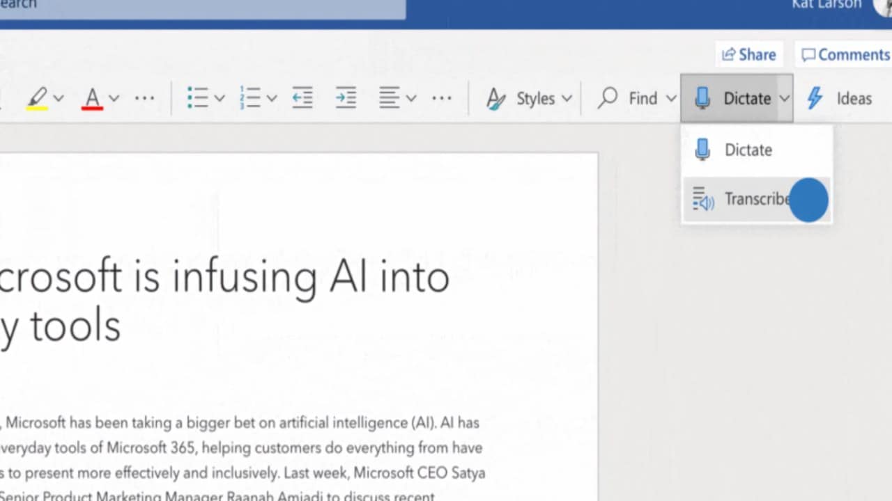 Microsoft has now included a Transcribe feature in Word. Image: Microsoft