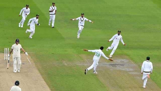 Pakistan’s Mohammad Abbas celebrates the wicket of Ben Stokes. AP 