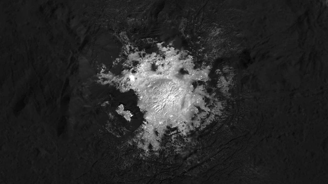 This mosaic of Cerealia Facula inside the dwarf planet Ceres' Occator Crater is based on images obtained by NASA's Dawn spacecraft in its second extended mission. Imahe credit: NASA/JPL-Caltech/UCLA/MPS/DLR/IDA NASA/JPL-Caltech/UCLA/MPS/DLR/IDA