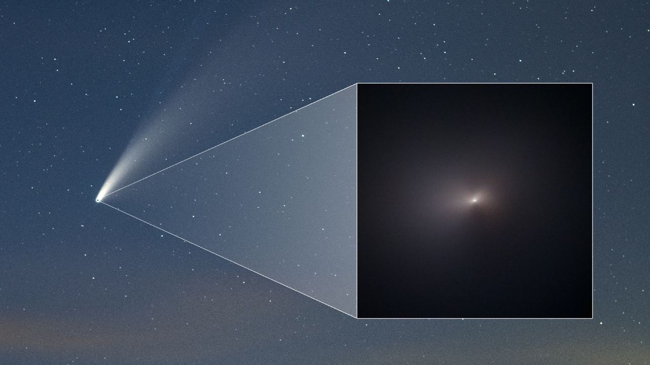 This ground-based image of comet C/2020 F3 (NEOWISE) was taken from the Northern Hemisphere on July 16, 2020. The inset image, taken by the Hubble Space Telescope on Aug. 8, 2020, reveals a close-up of the comet after its pass by the Sun. Image credit: NASA