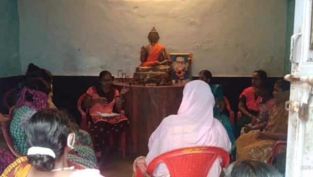 A meeting led by Yogini Pagare (seated on the left, wearing orange) on 30 June at PL Lokhande Marg in Mumbai's Chembur. Rushabh Bagul