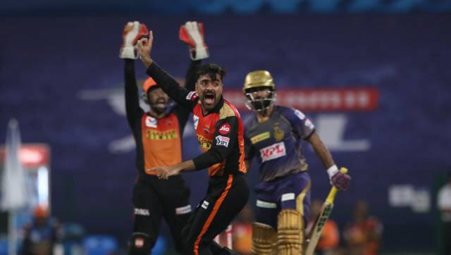 Rashid Khan of Sunrisers Hyderabad appeals successfully for the wicket Dinesh Karthik captain of Kolkata Knight Riders during match 8 of season 13 of Indian Premier League (IPL) between the Kolkata Knight Riders and the Sunrisers Hyderabad held at the Sheikh Zayed Stadium, Abu Dhabi in the United Arab Emirates on the 26th September 2020. Photo by: Pankaj Nangia / Sportzpics for BCCI