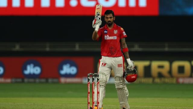 KL Rahul captain of Kings XI Punjab celebrates his century during match 6 of season 13 of the Dream 11 Indian Premier League (IPL) between Kings XI Punjab and Royal Challengers Bangalore held at the Dubai International Cricket Stadium, Dubai in the United Arab Emirates on the 24th September 2020. Photo by: Ron Gaunt / Sportzpics for BCCI