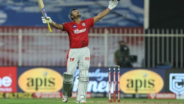 KXIP's Mayank Agarwal celebrates his hundred against Rajasthan Royals. SportzPics
