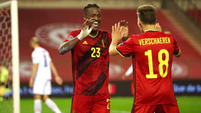Michy Batshuayi celebrates after scoring against Iceland. AP