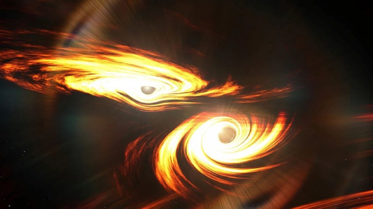 Artist impression of binary black holes about to colide. Image credit: ANU/ARC centre of excellence for gravtiational wave discovery
