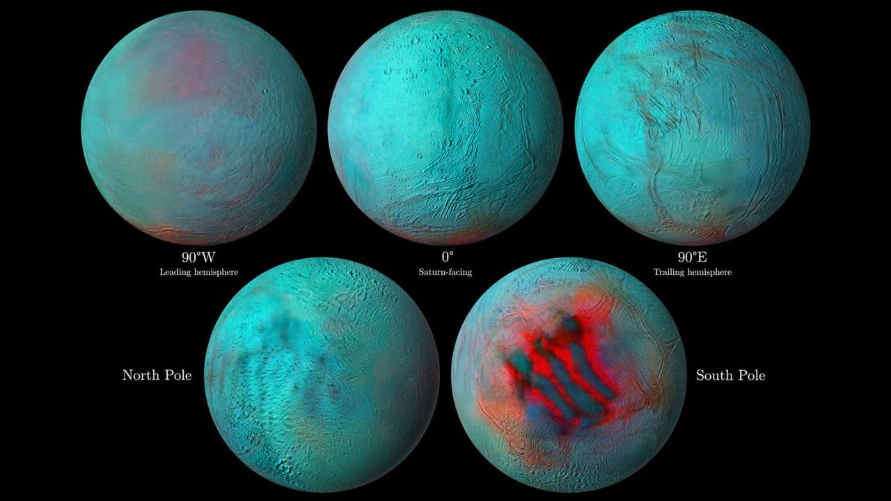 Detailed infrared images of Saturn's icy moon Enceladus, with reddish areas indicating fresh ice that has been deposited on the surface. Image Credit: NASA/JPL-Caltech/University of Arizona/LPG/CNRS/University of Nantes/Space Science Institute