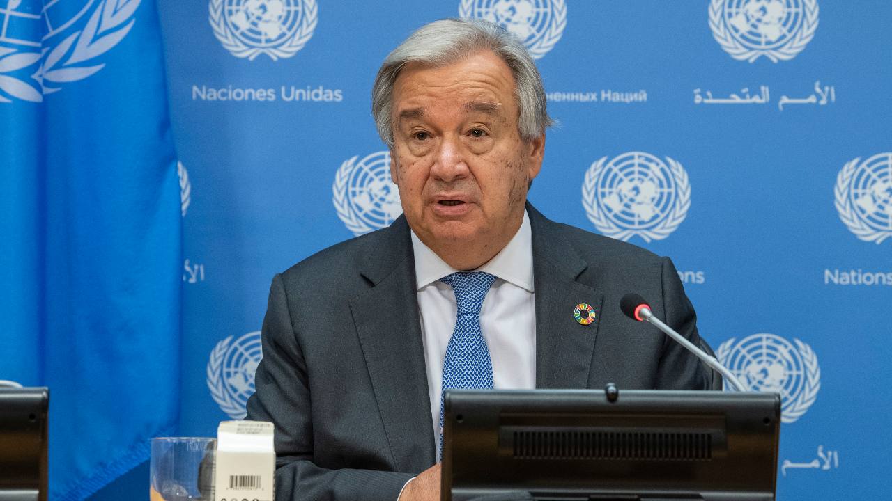 In this photo provided by the United Nations, Secretary-General Antonio Guterres briefs reporters during the 75th session of the United Nations General Assembly, Tuesday, Sept. 29, 2020, at UN headquarters in New York. (Rick Bajornas/UN Photo via AP)