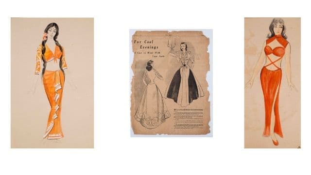 (Centre) Bhanu Athaiya's fashion sketch for the women's magazine Eve's Weekly in 1953; (Left and right) Costume illustrations by Athaiya which later developed into the iconic ensemble that Mumtaz wore in the song 'Aaj Kal Tere Mere Pyaar Ke Charche' from the 1969 film Brahmachari. Images courtesy Prinseps