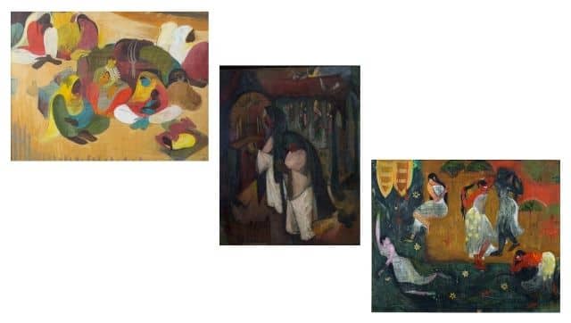 Bhanu Athiaya's paintings (from left to right): Village Women, Watercolour on paper, August 1950; Prayers, Oil on Canvas, circa 1950 during the Progressive's period; Bathers, Watercolour on paper, circa 1950. Images courtesy Prinseps