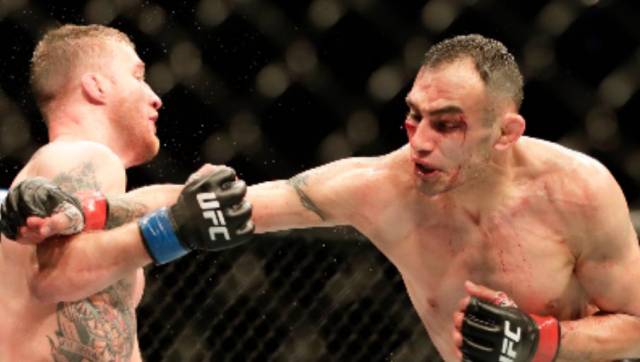Justin Gaethje (L) beat Tony Ferguson at UFC 249 to earn this title match. AP