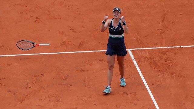 Nadia Podoroska celebrates after sealing a semi-final berth with a straight sets victory over Elina Svitolina. AP