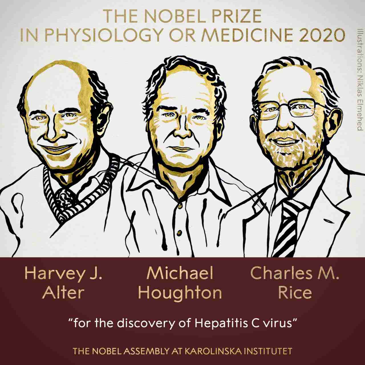Nobel Prize 2020 in Medicine/Physiology laureates (L to R: Dr Harvey Alter, Dr Michael Houghton, Dr Charles Rice).  Image Credit: Niklas Elmehed/Twitter/@NobelPrize