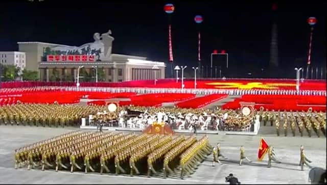 In this image made from video broadcasted by North Korea’s KRT on 10 October, 2020, military parade is held during a ceremony to celebrate the 75th anniversary of the country’s ruling party in Pyongyang. AP