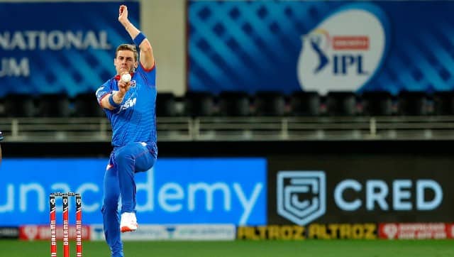 DC’s Anrich Nortje consistently clocked over 150 kmph in their match against RR. Image: Sportzpics