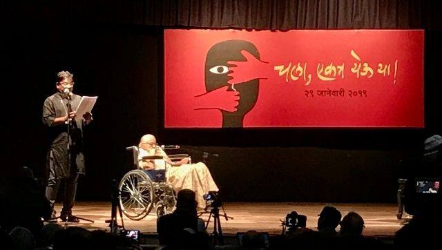 Bhave in her wheelchair at Shivaji Mandir in January 2019 to protest actions of Marathi Sahitya Sammelan and honour writer Nayantara Sehgal. Photo by Smruti Koppikar