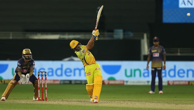 CSK’s Ambati Rayudu feasted on the part-time spin of Nitish Rana, who bowled despite the regular spinners having overs left in their quota. Image: Sportzpics
