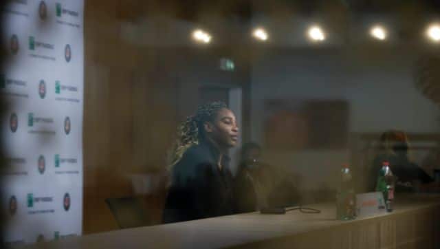 Serena Williams of the U.S., announces her withdrawal from the tournament because of an Achilles injury during a video link press conference prior to her second round match of the French Open tennis tournament at the Roland Garros stadium in Paris, France, Wednesday, Sept. 30, 2020. (AP Photo/Alessandra Tarantino)