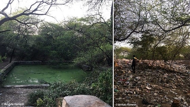 (L) Delhi's Anangtal Baoli; (R) The landfill we waded through to get there