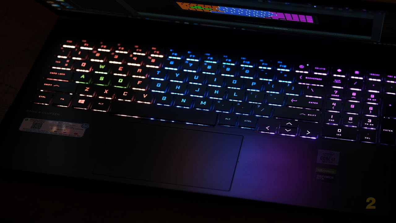 Rather than have an organic, per-key LED backlight, the Omen’s keyboard backlight is split into four distinct zones. Image: Anirudh Regidi 