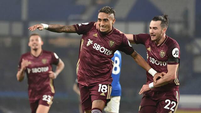 Leeds United's Raphinha celebrates after scoring the opening goal against Everton. AP