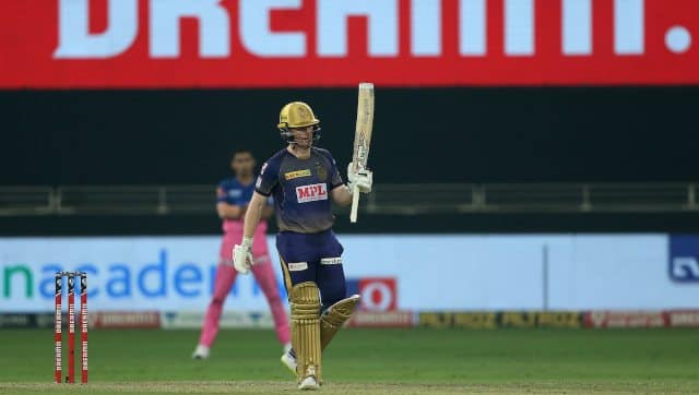 Batting first in the crucial game against RR, skipper Eoin Morgan slammed 68 off 35 to help KKR post a daunting 191/7 at Dubai. Image: Sportzpics for BCCI
