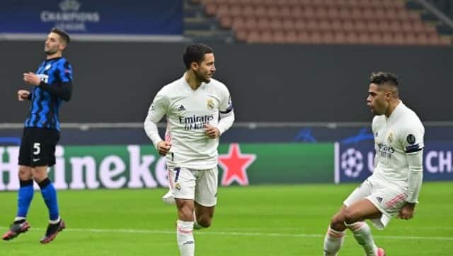 Real Madrid’s Eden Hazard celebrates after scoring against Inter Milan. AFP