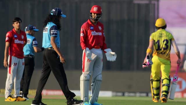 Ruturaj Gaikwad's dismissal, when CSK were 65/0, was overturned by the third umpire after he deemed Mandeep Singh's catch at the backward point was incomplete. This led to an angry reaction from KXIP skipper KL Rahul. Image: Sportzpics for BCCI 