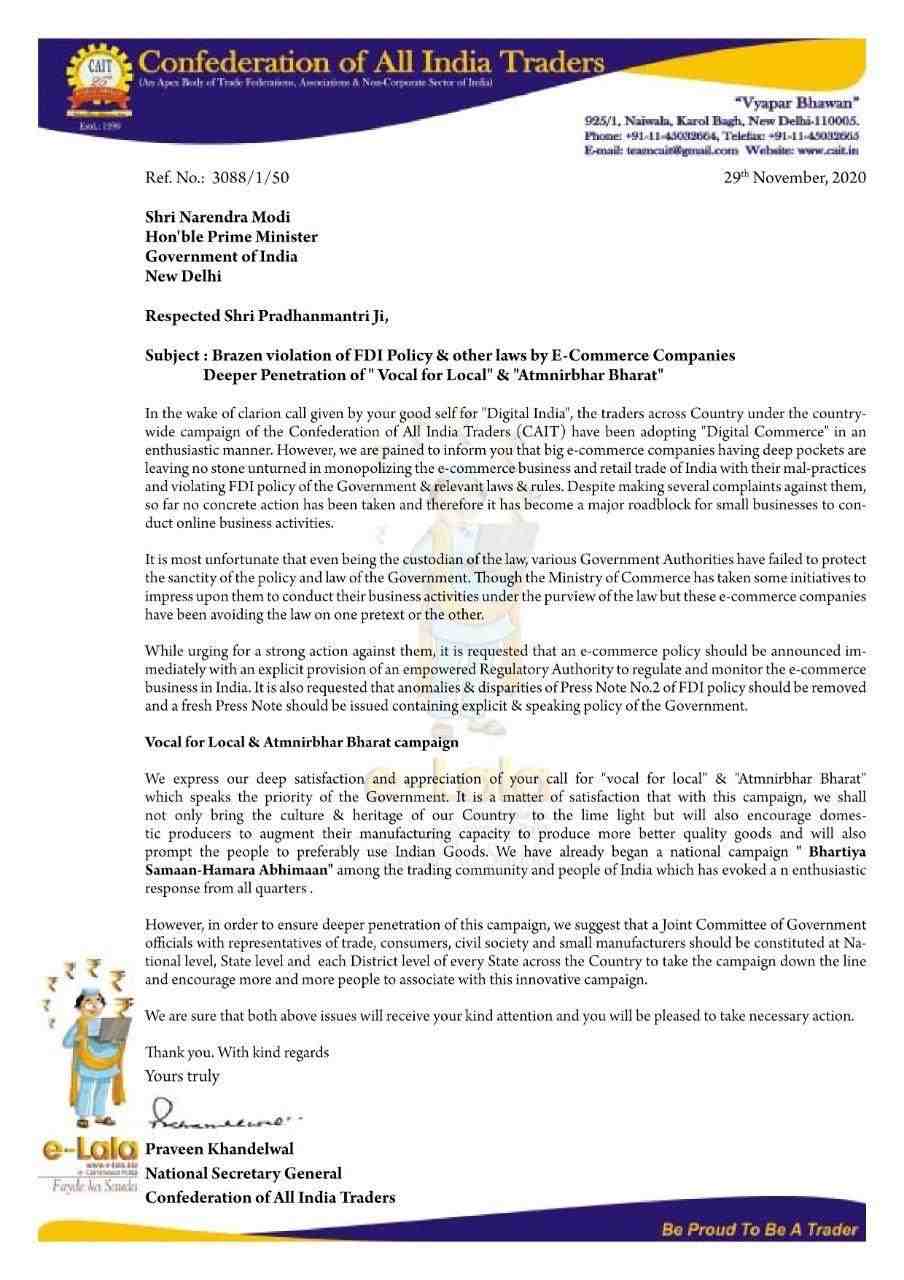 CAIT's letter to Prime Minister Narendra Modi.