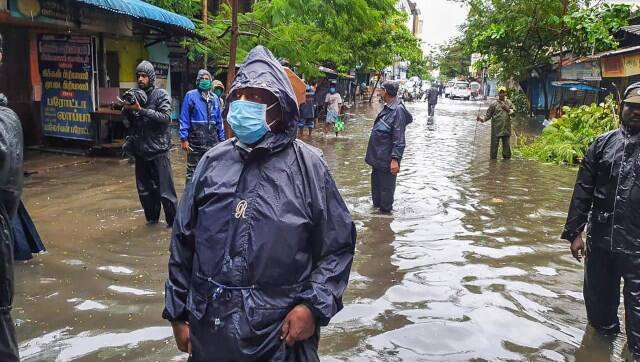 Puducherry Chief Minister V Narayanasamy takes stock of a storm-affected area, in the aftermath of cyclone Nivar on Thursday. | PTI