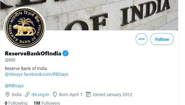 Reserve Bank of India becomes world's first central bank to reach 1 million Twitter followers Reserve Bank of India becomes world's first central bank to reach 1 million Twitter followers