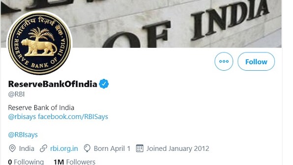 Reserve Bank of India becomes world's first central bank to reach 1 million Twitter followers