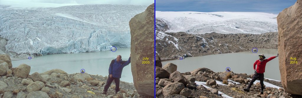 Two photos taken from the same location 15 years apart shows the extent of glacier retreat on world’s largest tropical ice cap at Quelccaya, Peru. Doug Hardy, CC BY-SA