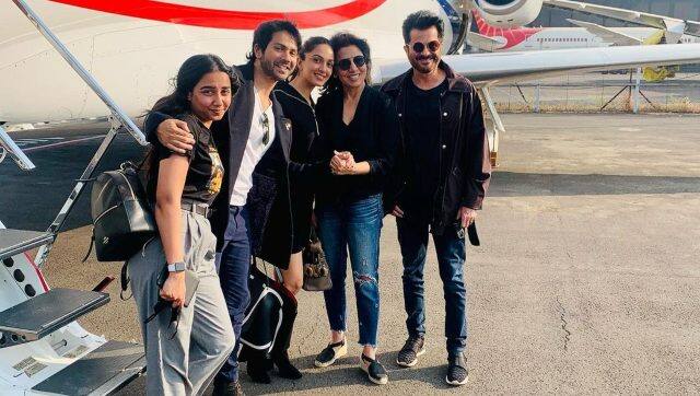 Prajakta Koli with her Jug Jugg Jeeyo co- actors Varun Dhawan, Neetu Kapoor and Anil Kapoor | Image from Twitter