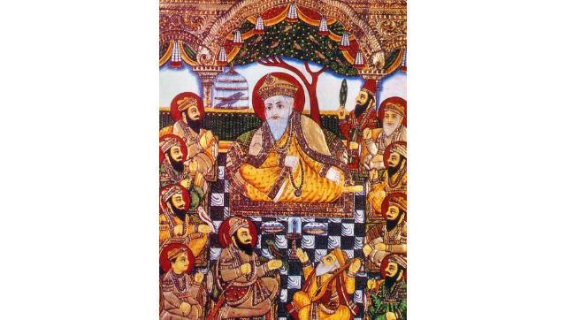 A rare Tanjore style painting from the late 19th century depicting the ten Sikh Gurus with Bhai Bala and Bhai Mardana. Image via Wikimedia Commons