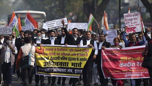 Activists of all India lawyers union and central trade unions , in Allahabad take part in the nationwide strike against various new policies introduced by the Central government. AFP