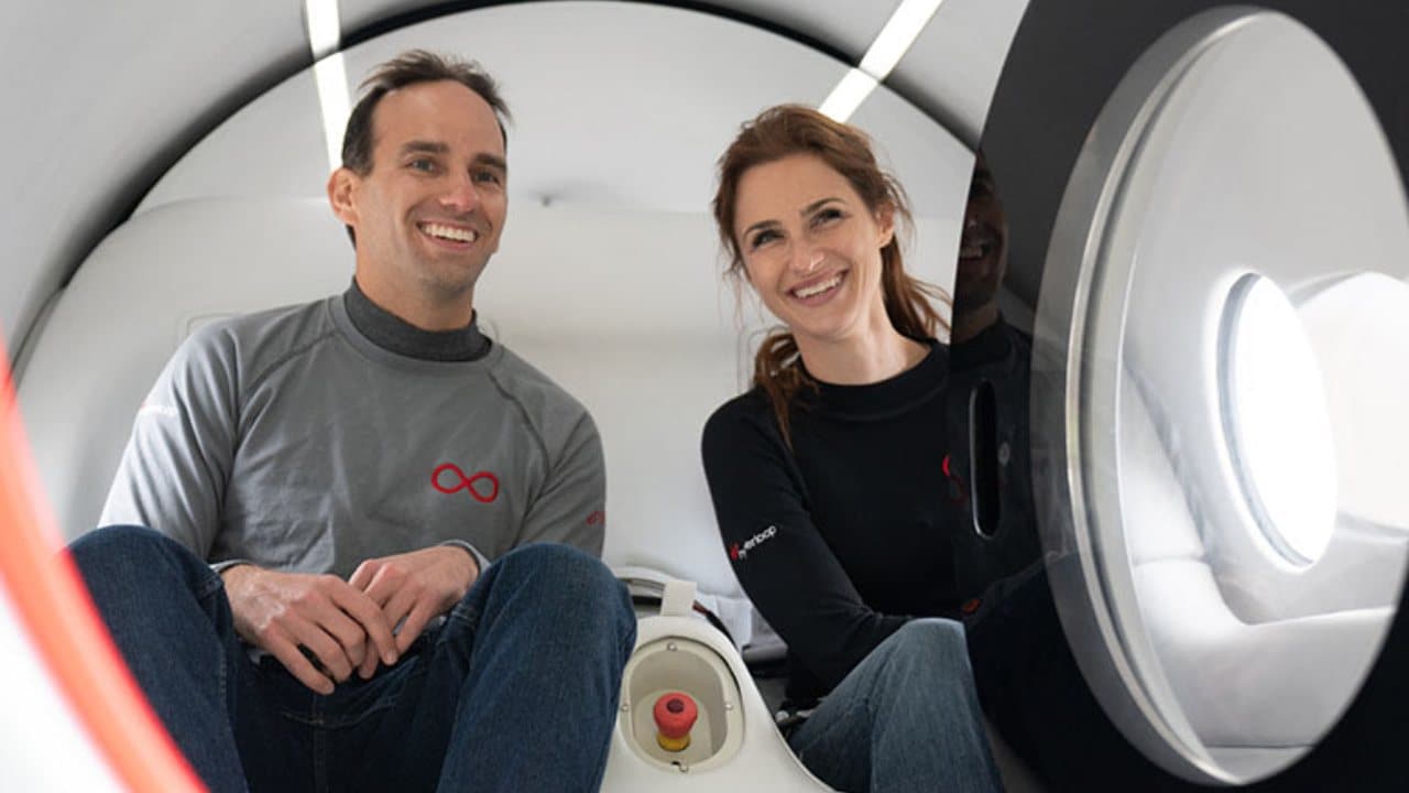 The two virgin hyperloop employees that were the first passengers in the pod. Image credit: Virgin Hyperloop