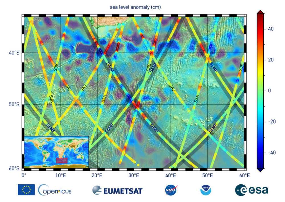 The data in this graphic are the first sea surface height measurements from the Sentinel-6 Michael Freilich (S6MF) satellite, which launched Nov. 21, 2020. They show the ocean off the southern tip of Africa, with red colors indicating higher sea level relative to blue areas, which are lower. Credits: EUMETSAT 