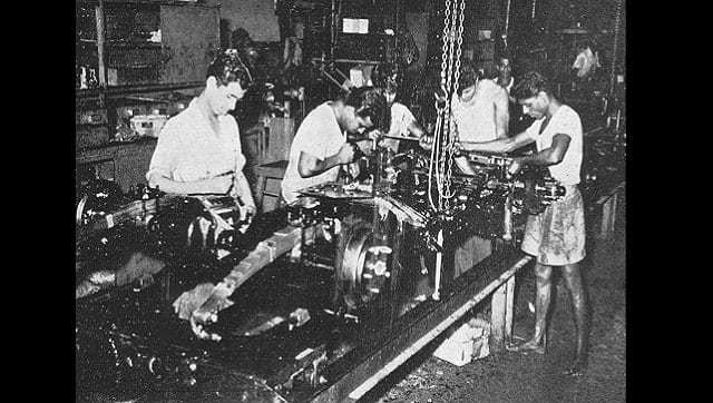 Willys Jeeps being assembled at the Mahindra & Mahindra plant, 1955.