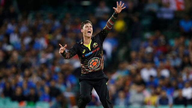 Mitchell Swepson appeals successfully for the LBW of India's Shreyas Iyer during the third T20 international cricket match between Australia and India at the Sydney Cricket Ground.AP