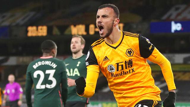 Wolves' Romain Saiss celebrates after scoring against Tottenham. AP